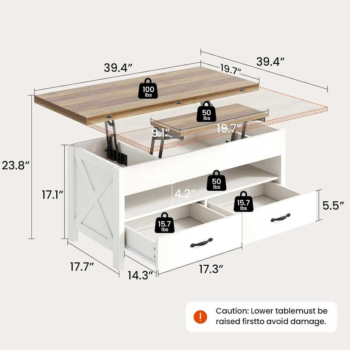 Farmhouse Convertible Lift‑Top Coffee Table