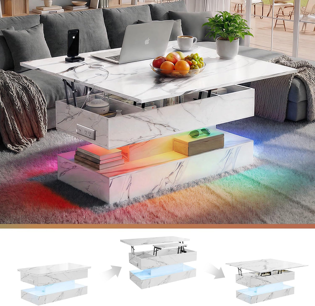Modern Marble Lift‑Top Storage Coffee Table